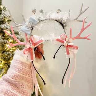 圣诞头饰雪花鹿角蝴蝶结发箍蓝色粉色小鹿头箍圣诞节发卡搞怪甜美