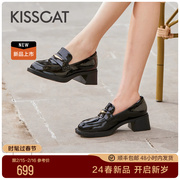 kisscat接吻猫2024年春季流行英伦，风小皮鞋增高真皮乐福鞋女
