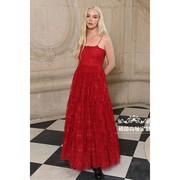 高级定制欧美明星同款红色蕾丝吊带性感连衣裙礼服高腰时尚A字裙