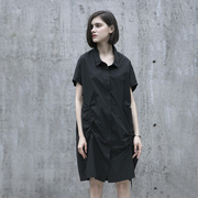 连衣裙黑色夏季衬衫领气质，显瘦连体袖，设计感小众原创个性裙子