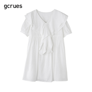 gcrues荷叶边V领连衣裙女2024夏季小个子裙子白色娃娃裙A字