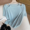 韩系镂空露肩纯色针织衫T恤百搭时尚女2024夏季短袖套头上衣
