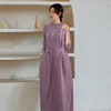 新中式紫色立领无襟刺绣连衣裙，2022年早秋七分袖优雅改良旗袍女