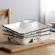 饺子盘带醋碟日式釉下彩陶瓷餐具方形创意凉菜盘子家用菜盘碟子