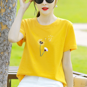 纯棉黄色短袖t恤女士体恤2024年夏装，宽松夏季女装上衣服正肩