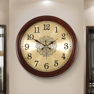 欧式实木挂钟客厅家用时尚挂墙时钟表简约卧室静音圆挂表丽声机芯