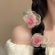 超仙森系欧根纱玫瑰花朵发夹女秋季侧边夹高级感气质发饰头饰