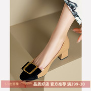 kmeizu优雅法式~4.5cm小香风高跟鞋女春季高端真皮拼色ol宴会单鞋