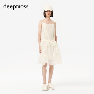 deepmoss小香风原创设计时尚欧根纱结罩纱吊带连衣裙