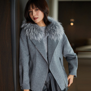 风迪品牌冬季折扣女装毛领双面呢短大衣灰色短款时尚1Z45095