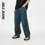 ABLE JEANS直筒滑板裤男士潮流侧拉链袋水洗牛仔裤 801437