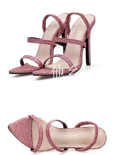美国BL 夏季时尚闪光亮片装饰粉红色细跟高跟凉鞋尖头露趾高跟鞋