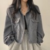 韩国chic春季法式复古百搭单排扣翻领短款灯芯绒，衬衫长袖外套女潮