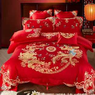 100支全棉刺绣婚庆四件套大红色床上用品结婚套件喜被子六十
