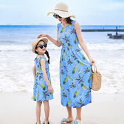 夏季亲子装母女沙滩裙度假背心长裙女童绵绸宽松无袖连衣裙