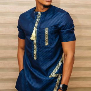 欧美非洲复古男士蓝色修身衬衫，民族风时尚简约外贸