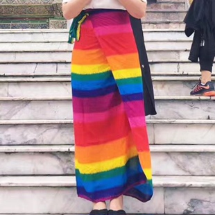 泰国大皇宫彩虹包裙纱笼裹裙一片式包臀系带半身裙民族风
