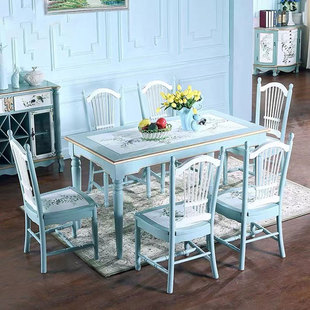 美式乡村彩绘餐桌椅组合复古实木小户型餐厅家具欧式田园家用饭桌