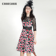 香莎chansarr优雅气质玫瑰花拼蕾丝，连衣裙舒适透气收腰a摆中裙