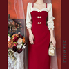 巷里复古改良版旗袍年轻款拼接修身长袖新中式国风气质红色连衣裙