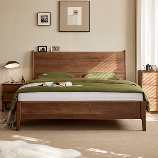 黑胡桃木全实木床1.8米双人床，主卧北欧原木，简约现代1.5米钢琴大床