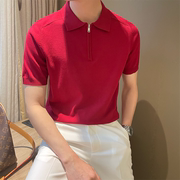 韩版夏季纯色宽松翻领polo衫，半拉链英伦复古休闲潮男短袖针织t衫