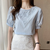 白色衬衫女夏季2024韩版钩花镂空泡泡，袖蕾丝上衣宽松显瘦衬衣