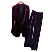 春装紫色金丝绒高端职业西服，阔腿裤时尚气质，面试女商务套装