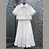 复古茶歇钉珠镶边翻领短袖，上衣+高腰，显瘦白色半身裙文艺两件套潮
