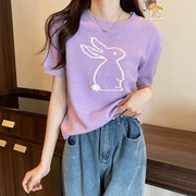 2024夏季韩版绵羊绒紫色兔子提花短袖针织衫毛衣女网红直播