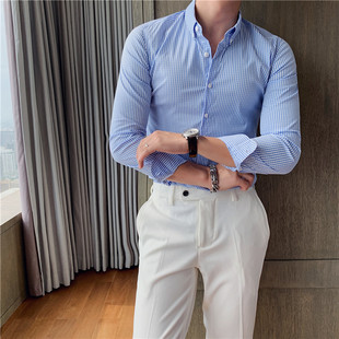 春季韩版修身男士细格子长袖衬衫英伦型男打底衫商务时尚休闲衬衣