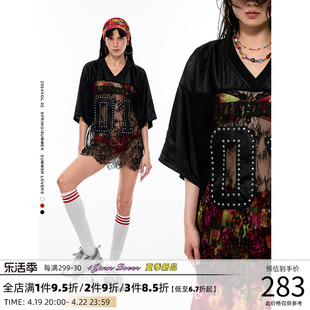 1JINN STUDIO美式复古镂空微透蕾丝宽松球服oversize辣妹休闲上衣