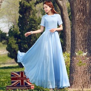 夏季蓝色娃娃领雪纺连衣裙，女2024年长款大摆长裙气质收腰裙子