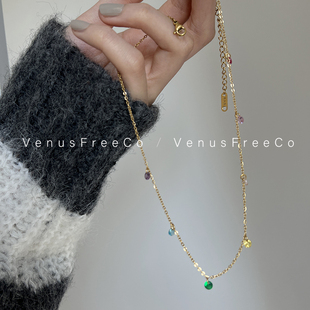 venusfreeco闪闪18k镀金彩色钻宝石细锁骨，链项链叠戴精致不褪色