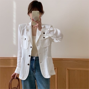 棉麻西装外套女短款2024春季韩版时尚简约显瘦百搭单排扣外披