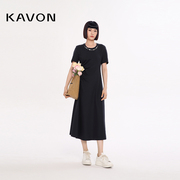 Kavon/卡汶酷飒设计感腰间抽褶针织修身显瘦轻熟风通勤短袖连衣裙