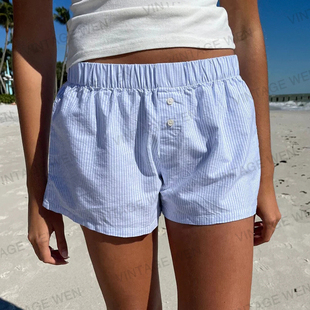 vintagewen美式复古休闲短裤，女简约蓝色细条纹，松紧高腰宽松热裤