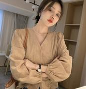 2023大码女装韩版修身显瘦设计感V领抽绳长袖衬衣M-4XL200斤