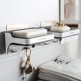 壁挂式肥皂盒浴室免打孔吸盘香皂盒卫生间，双层沥水肥皂置物架皂托