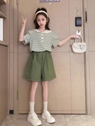 女童夏季套装韩版中大童，儿童娃娃领条纹t恤小女孩短袖短裤两件套