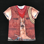 欧美男士3d立体印花圆领短袖创意，仿真t恤印第安西部牛仔装扮夏季