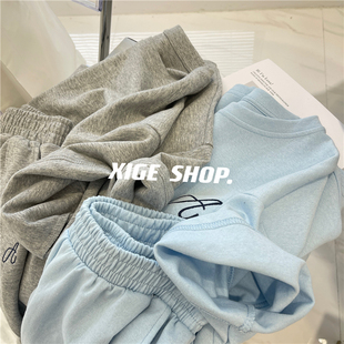 蓝色字母刺绣运动套装女短袖圆领T恤+高腰显瘦短裤休闲两件套韩版