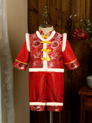 儿童唐装男宝宝周岁，中式礼服男童，拜年服一岁抓周衣服百天套装红色