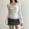 KLIOU 设计感复古纯色荡领系带长袖T恤女修身显瘦百搭打底衫上衣