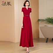 高级感酒红色连衣裙2024夏季优雅气质收腰显瘦到脚踝大摆长裙