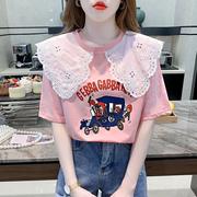 蕾丝娃娃领短袖T恤女2024夏季时尚卡通印花宽松显瘦减龄上衣