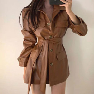 韩国chic秋冬复古帅气深棕色pu皮夹克，系带中长款机车皮衣外套女