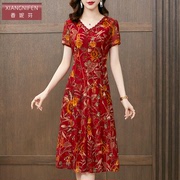 香妮芬红色台湾纱休闲连衣裙女收腰遮肚子2024夏季减龄妈妈装