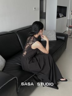 SASA 小心机V领背心连衣裙女韩版收腰无袖后背蕾丝A字中长裙