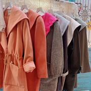 日本制vintage复古撞色纯色可爱大翻领连帽羊毛呢子宽松大衣外套